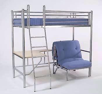 metal high sleeper with desk and futon