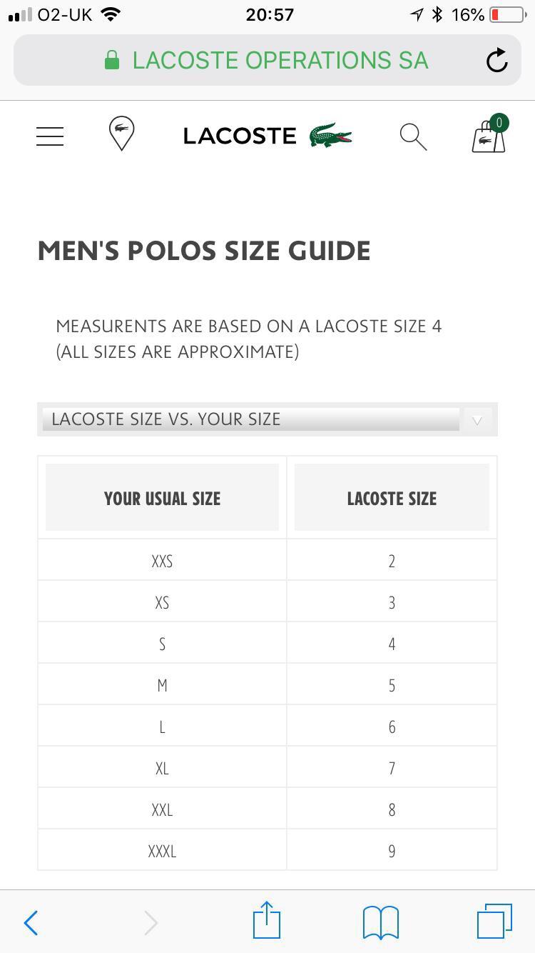 lacoste unisex size chart