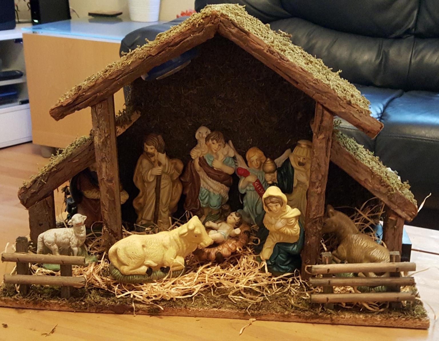 Porcelain Nativity With Wood Stable
