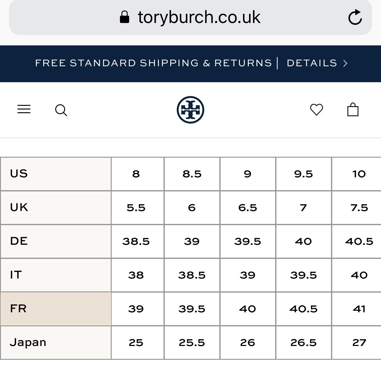 Tory Burch Shoes Size Chart
