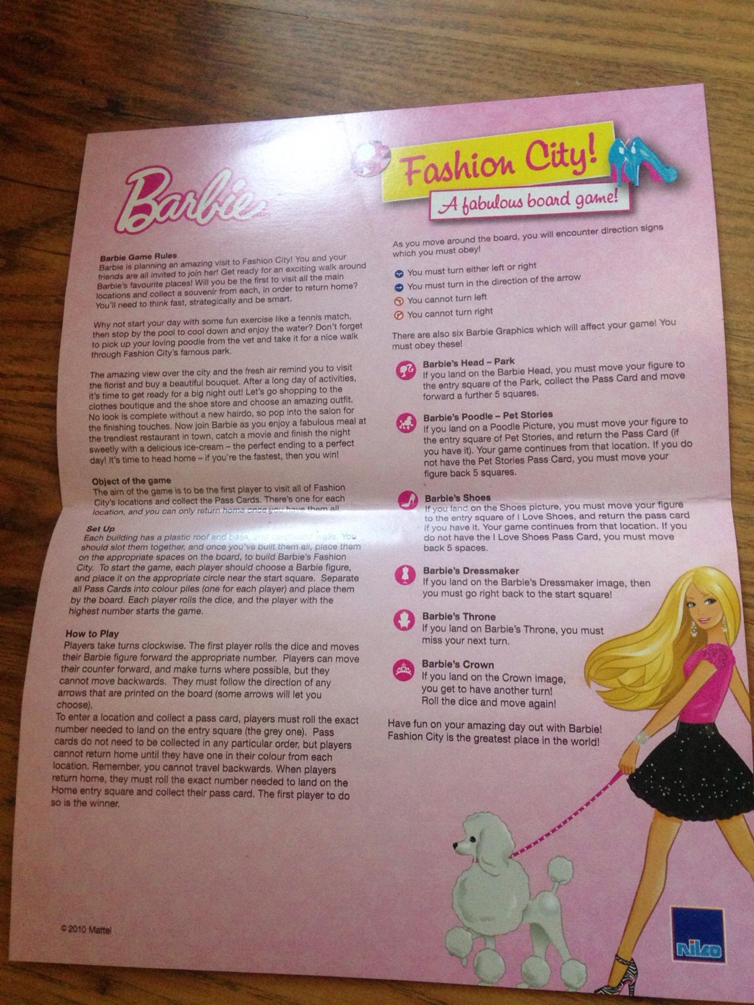 barbie fashion city board game instructions