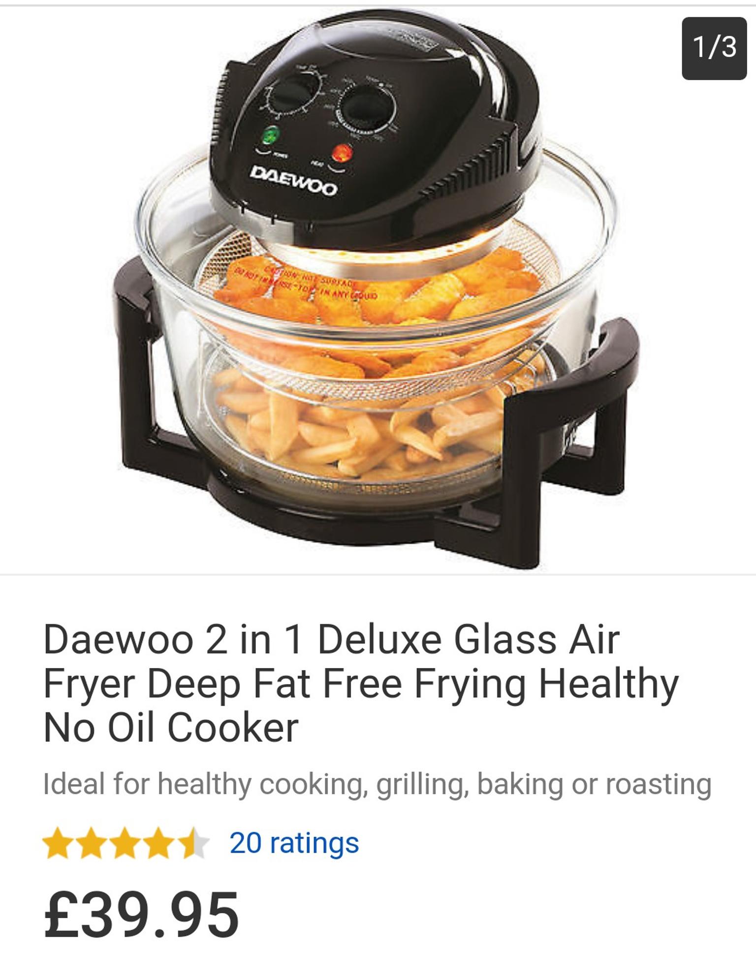 Daewoo 2 in 1 Deluxe Glass Air Fryer Deep Fat Free Frying Healthy No Oil Cooker