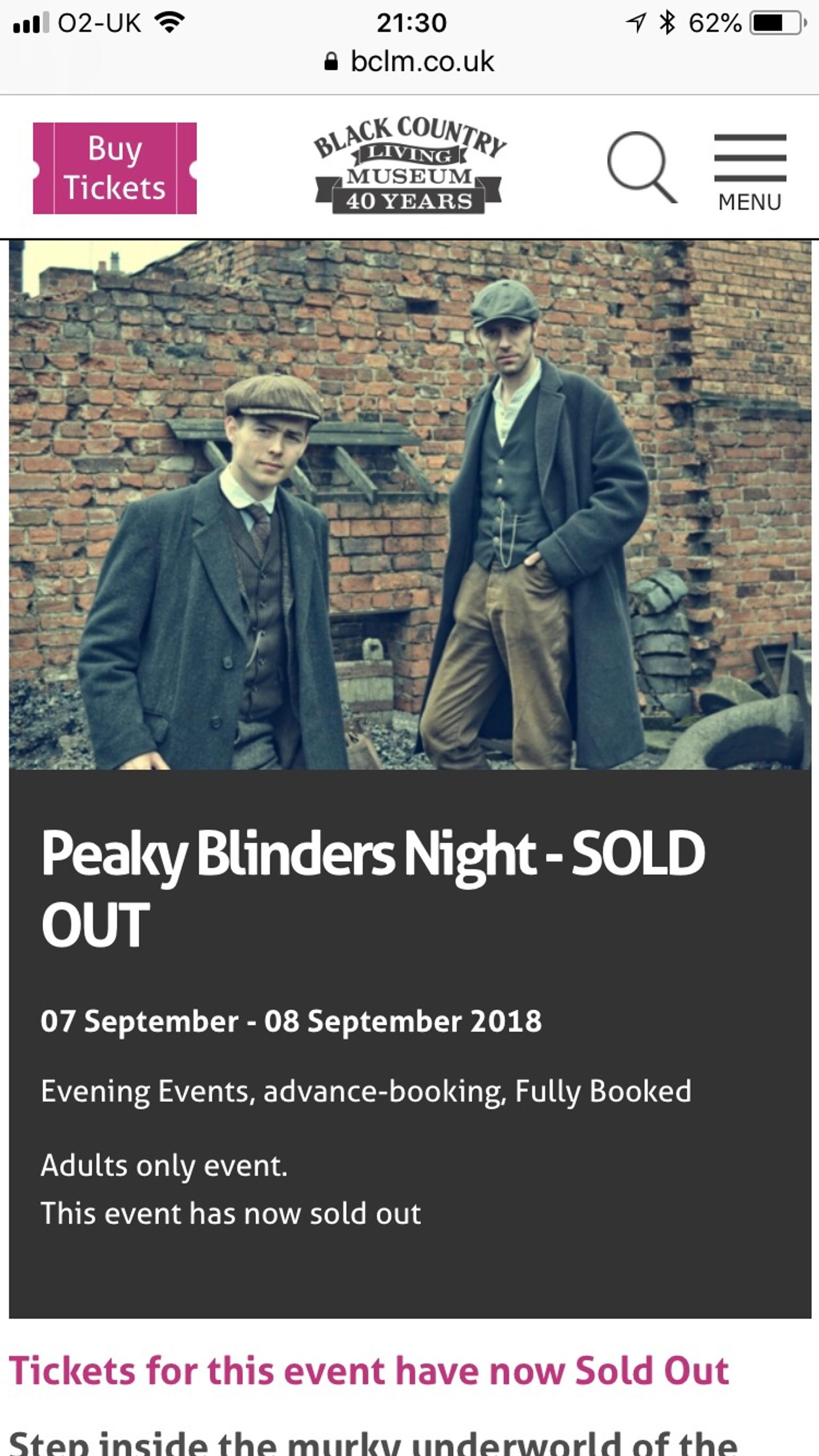 2 X Peaky Blinders Tkts 14th September 2018 In St16 Stafford For