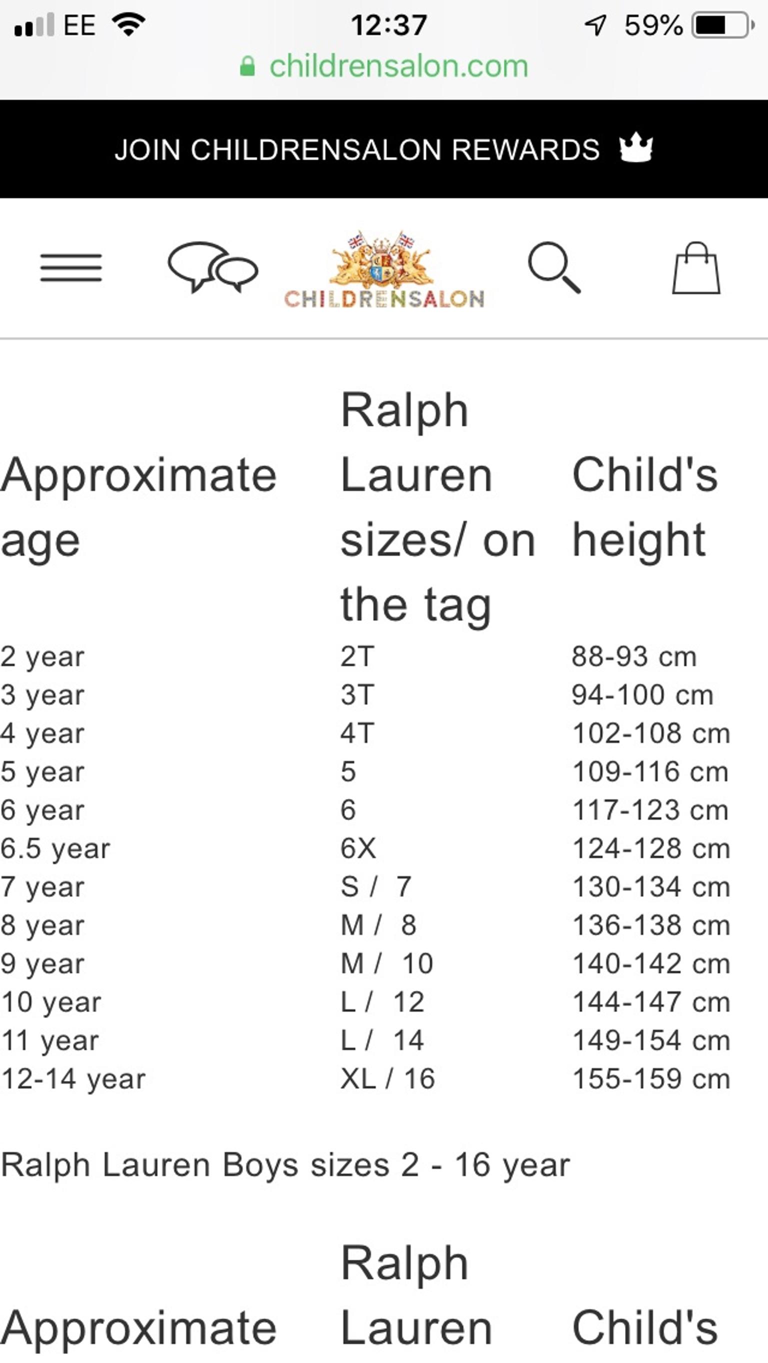 ralph lauren girls size chart