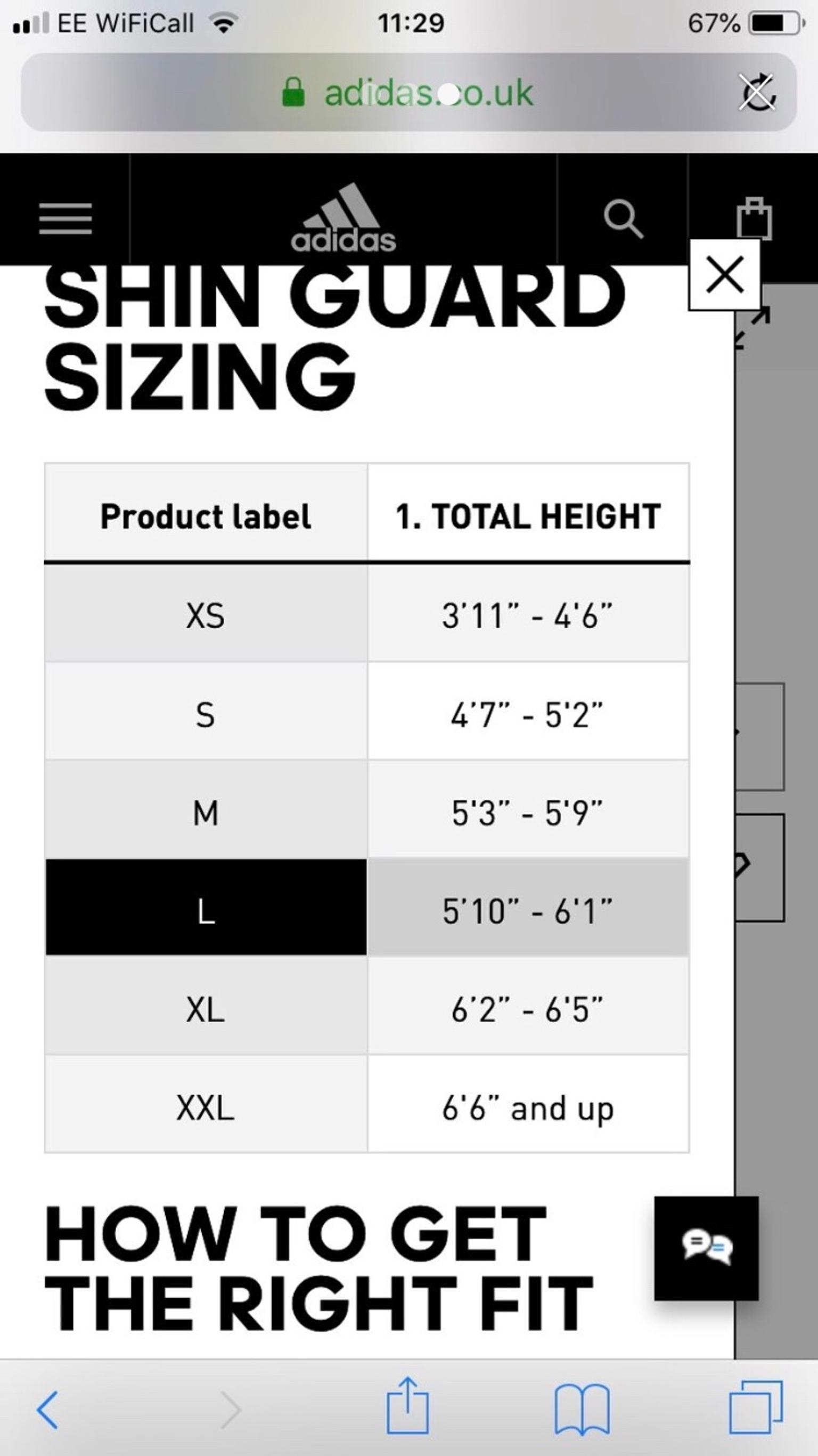 adidas hockey shin pads size guide