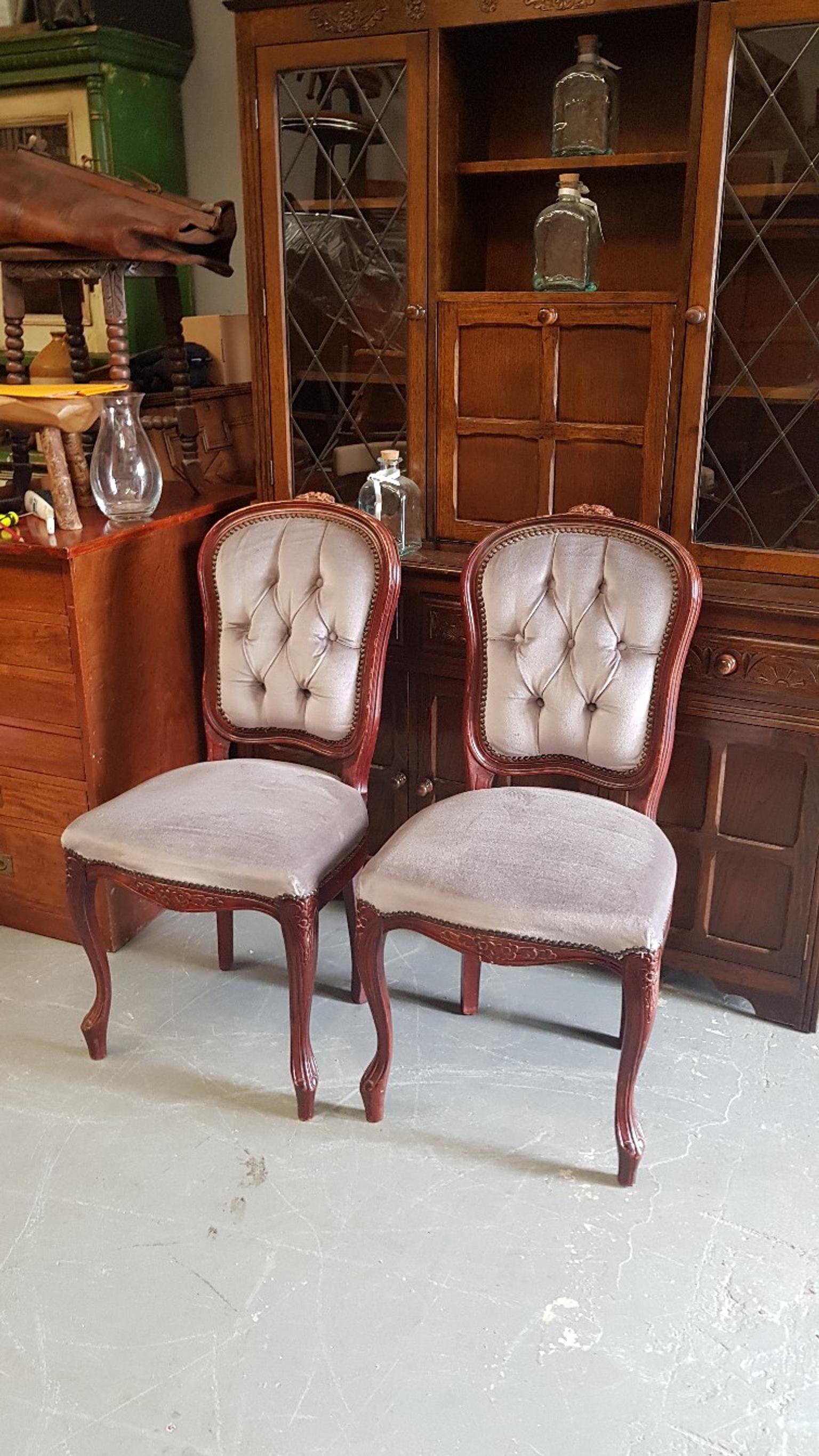 2 French Style Carved Chairs Grey Fabric In B77 Tamworth Fur 25