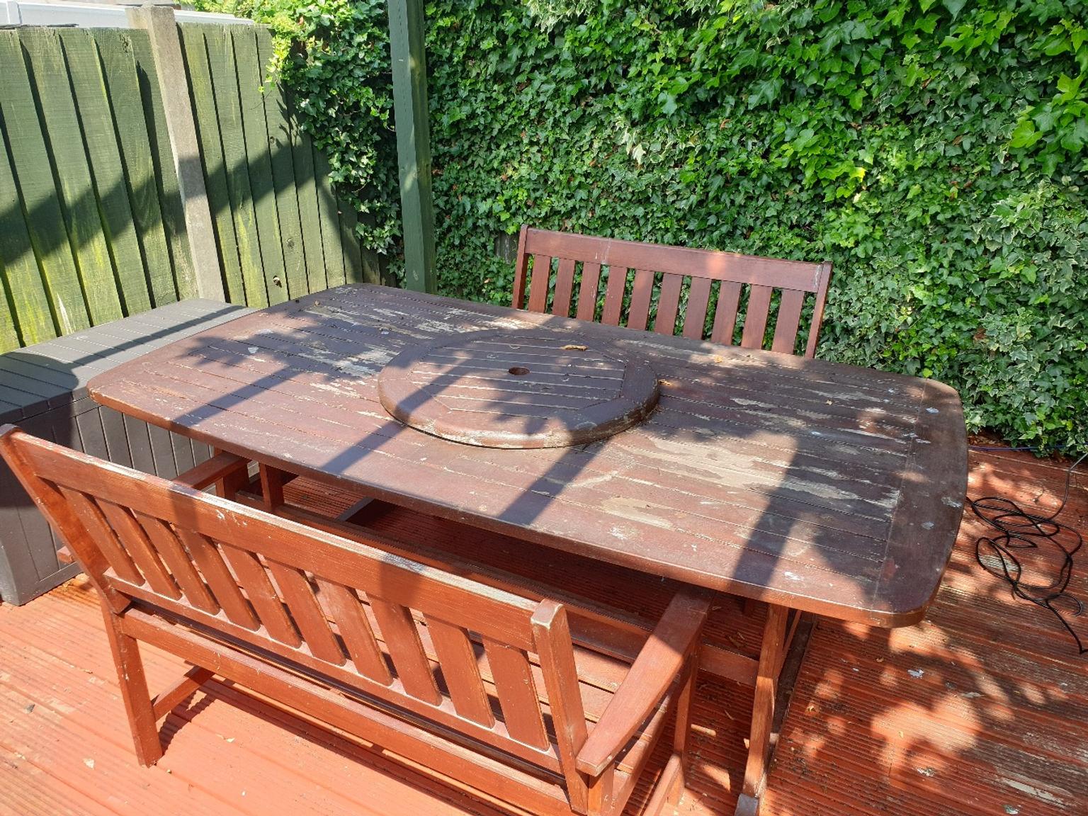 wooden garden table and 2 benches in WA8 Widnes for £70.00 for sale