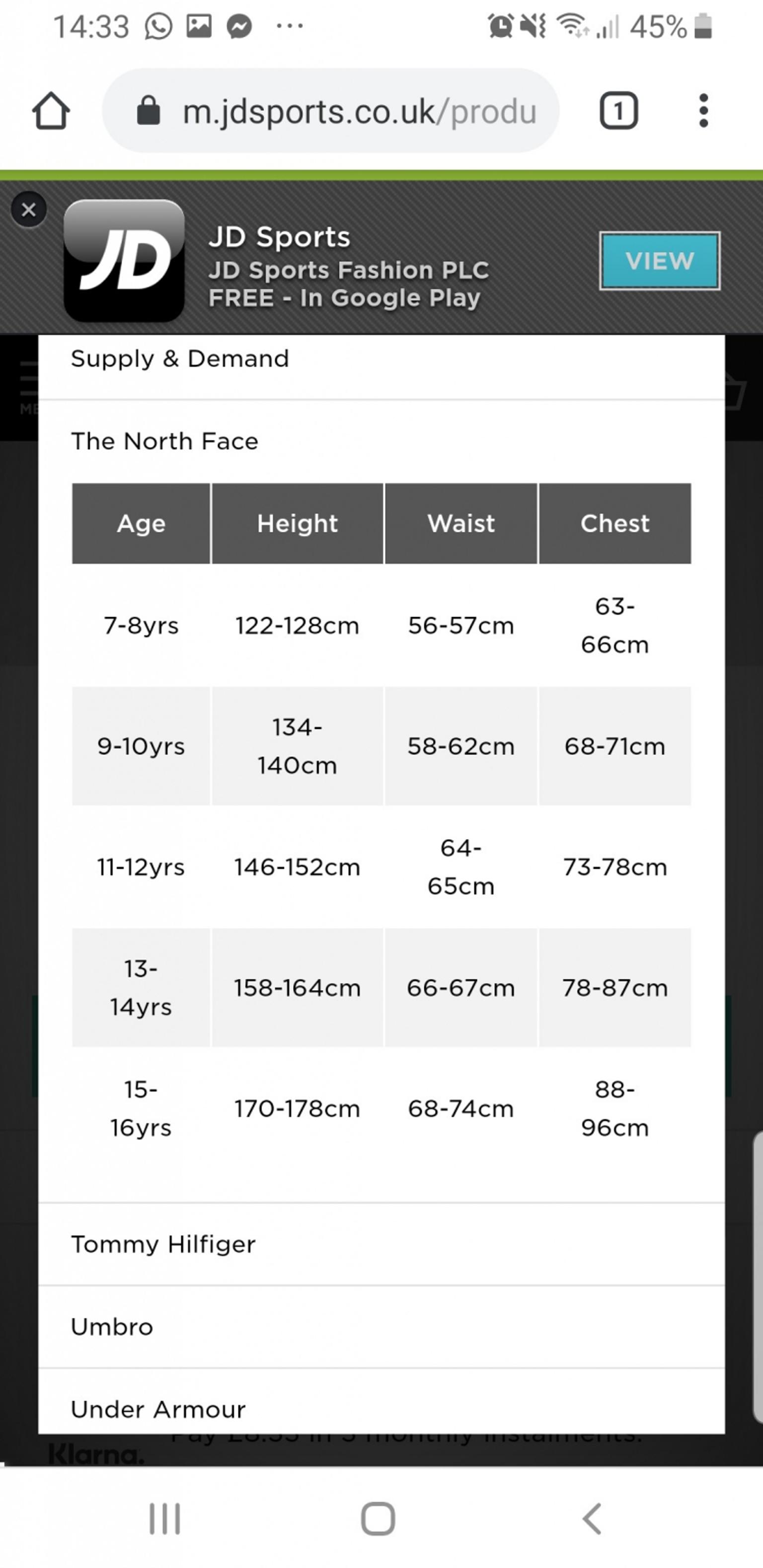 north face large size chart