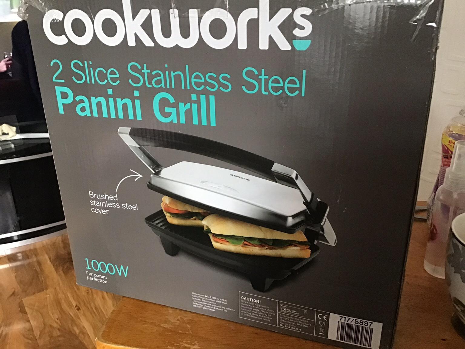 Brand New Cookworks 1000 Watts 2 Slice Panini Grill Stainless Steel